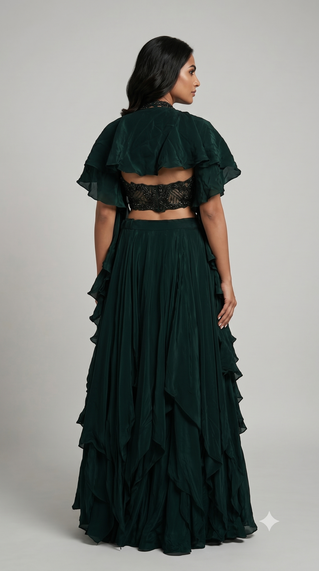 Emerald Green Ruffle Designer Lehenga Set with Embellished Blouse & Cape Jacket