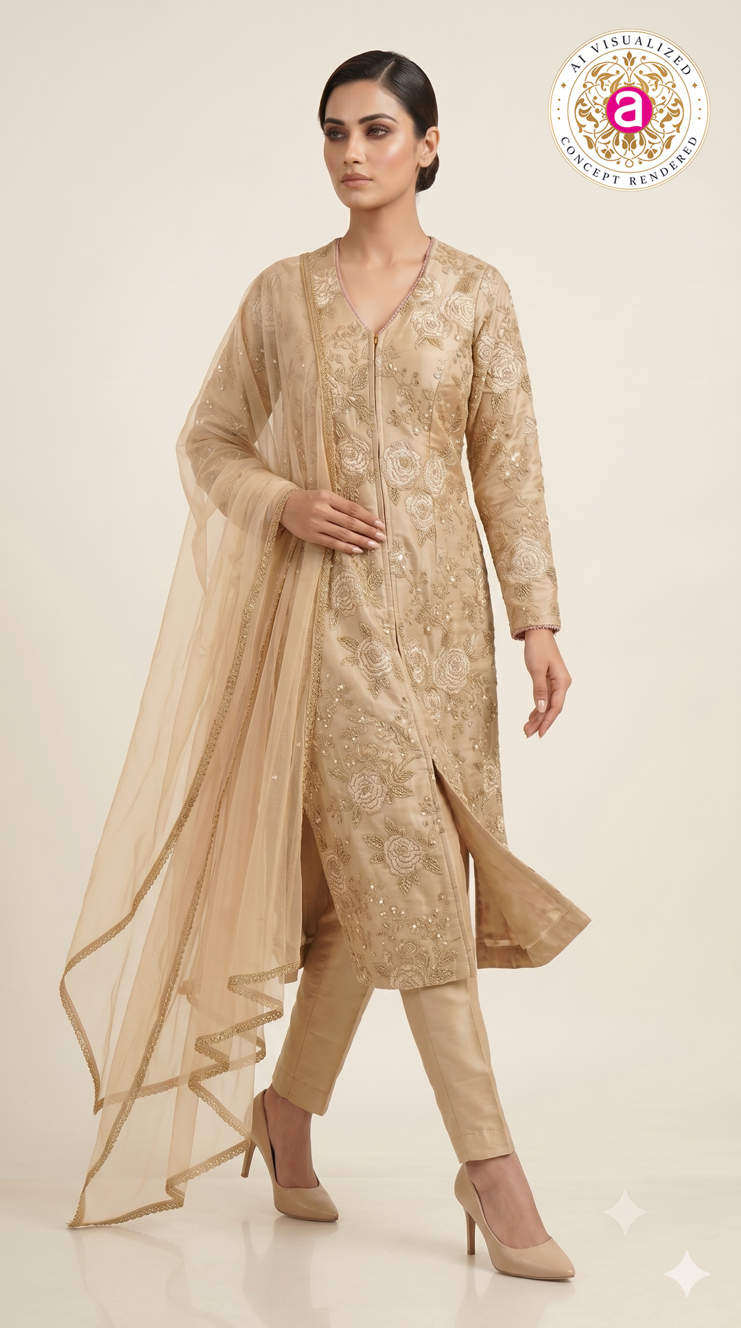 Champagne Gold Floral Embroidered Straight Suit Set