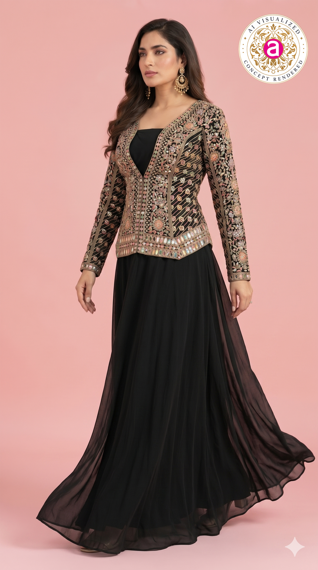 Black Handwork Embroidered Jacket Style Gown Set