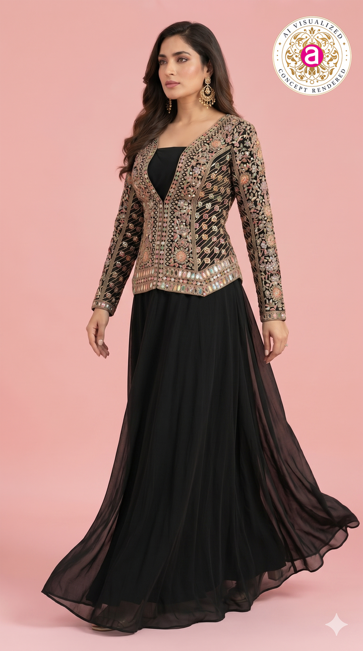 Black Handwork Embroidered Jacket Style Gown Set