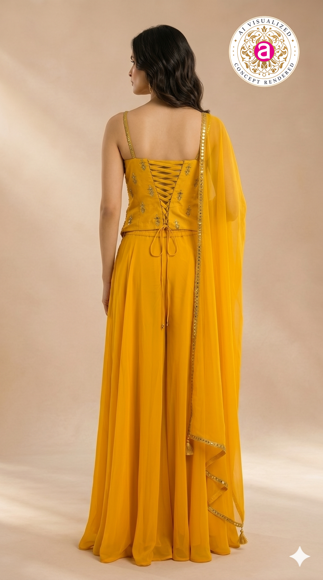 Mustard Yellow Mirror Work Palazzo Set with Draped Dupatta