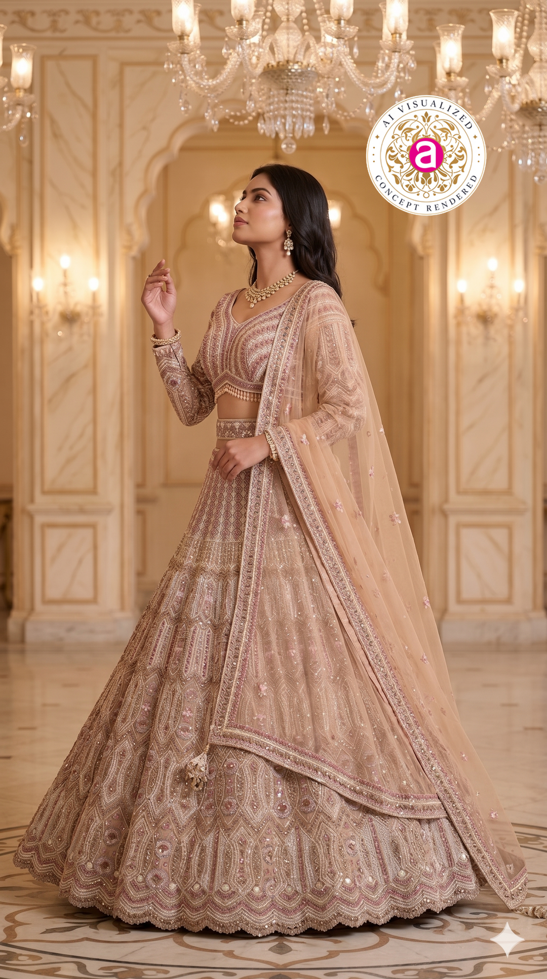 Champagne Beige Designer Lehenga Set with Intricate Embroidered Blouse and Net Dupatta