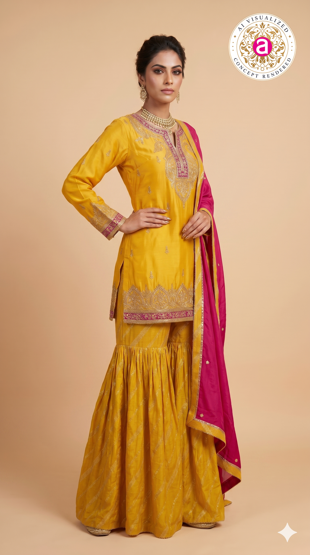 Mustard Yellow Embroidered Sharara Suit Set with Rani Pink Dupatta