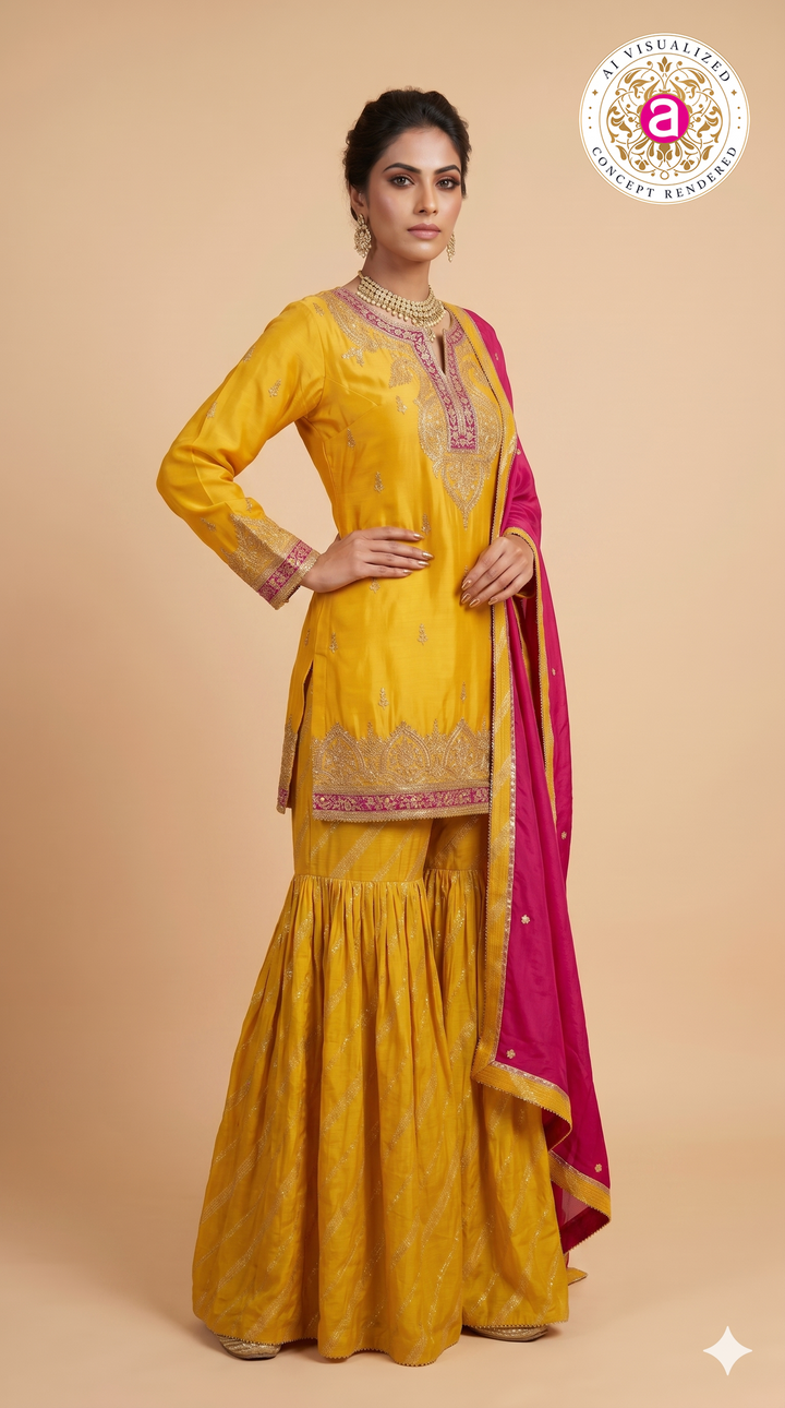 Mustard Yellow Embroidered Sharara Suit Set with Rani Pink Dupatta