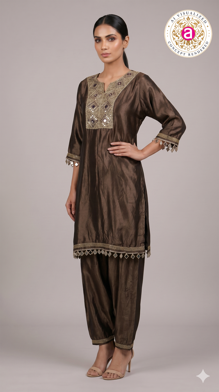 Chocolate Brown Embellished Kurta Set with Dhoti Pants