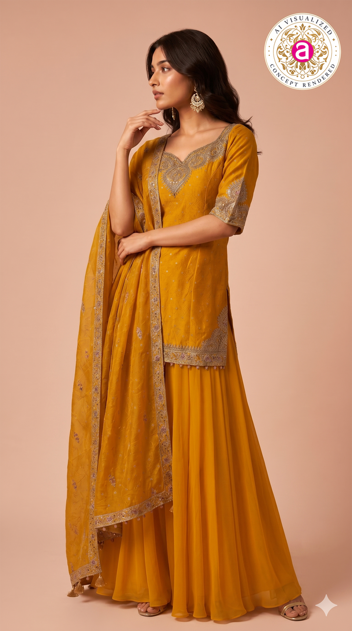 Mustard Yellow Embroidered Sharara Set with Dupatta