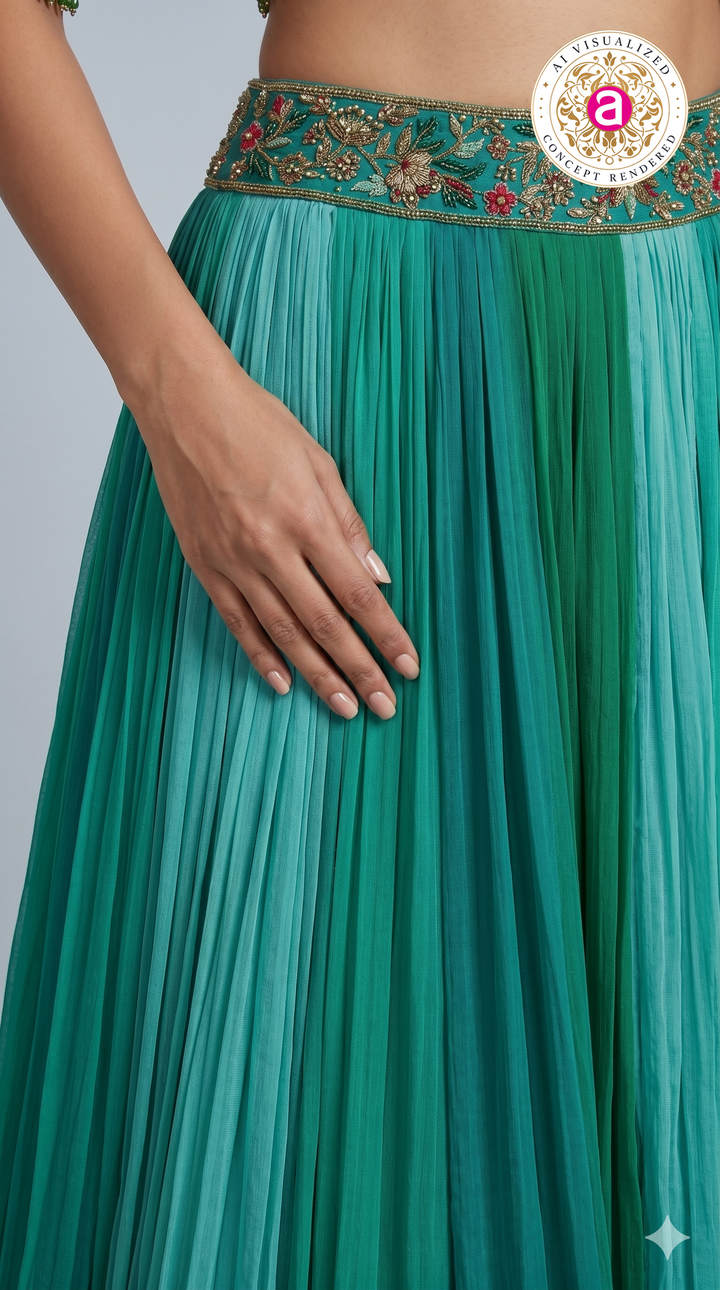 Teal Green Embroidered Crop Top with Pleated Lehenga Skirt