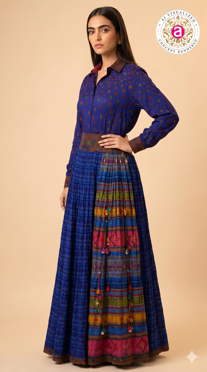 Royal Blue Printed Designer Shirt & Flared Skirt Set