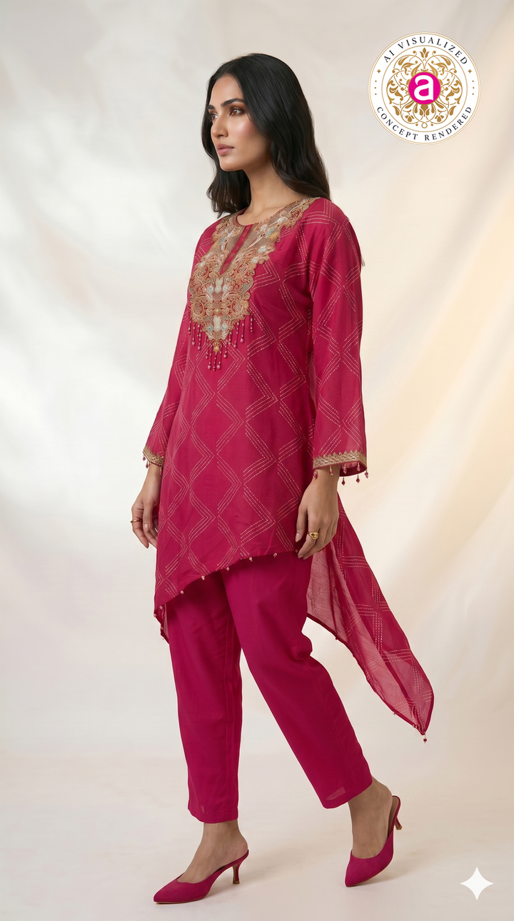 Rani Pink Embroidered Asymmetric Co-ord Set