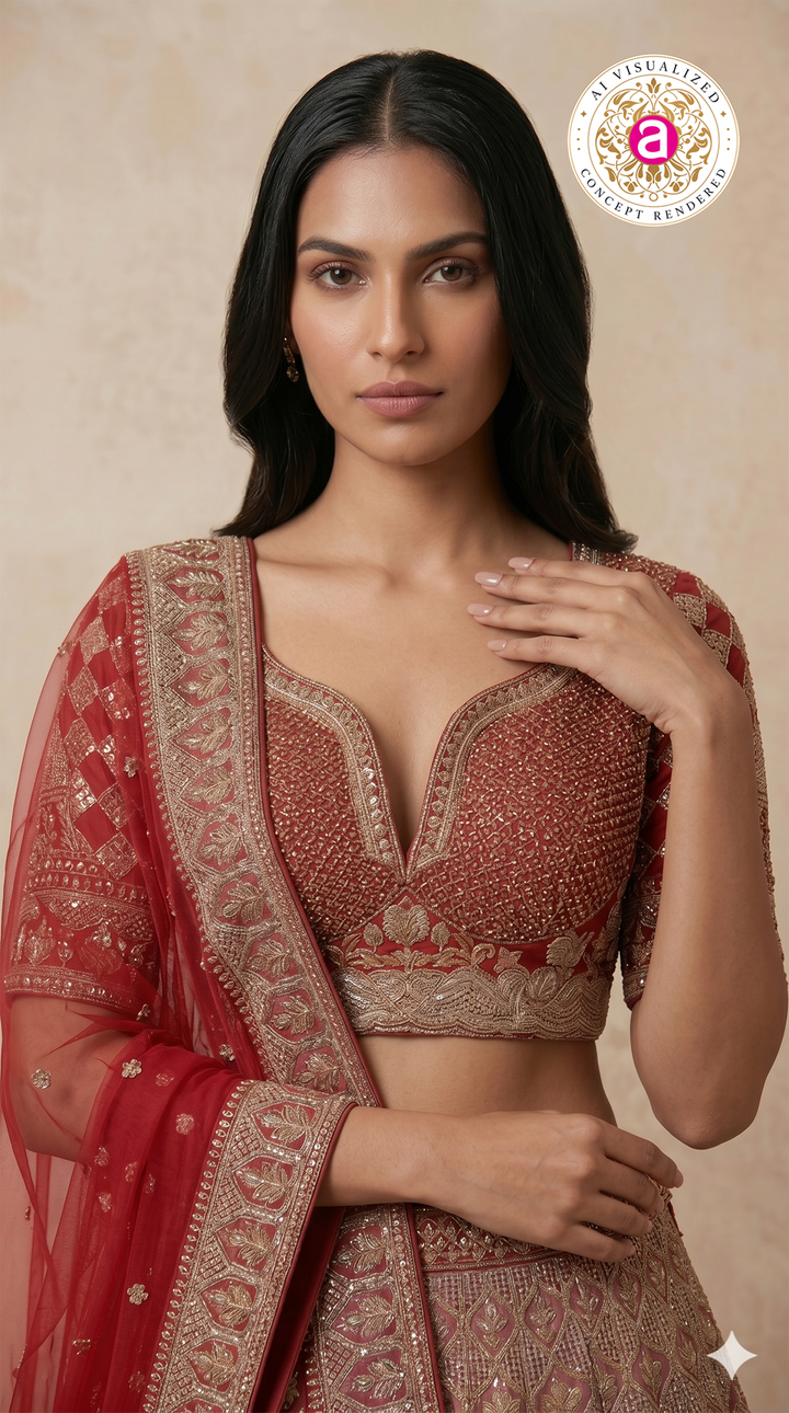 Royal Crimson Red Bridal Lehenga Set with Heritage Zari Embroidery & Designer Net Dupatta