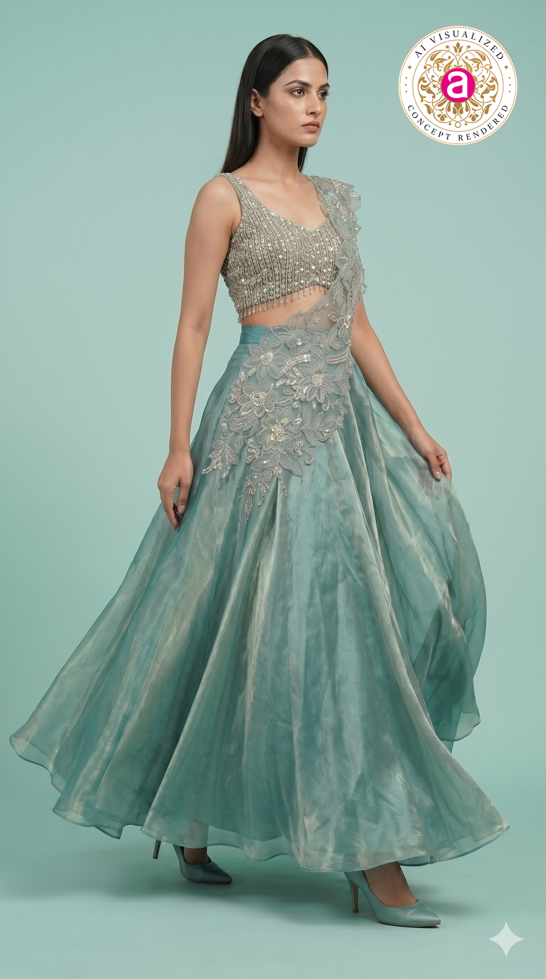 Sea Mist Crystal Embellished Designer Lehenga Set