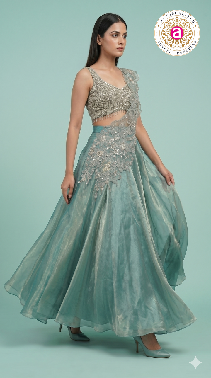 Sea Mist Crystal Embellished Designer Lehenga Set