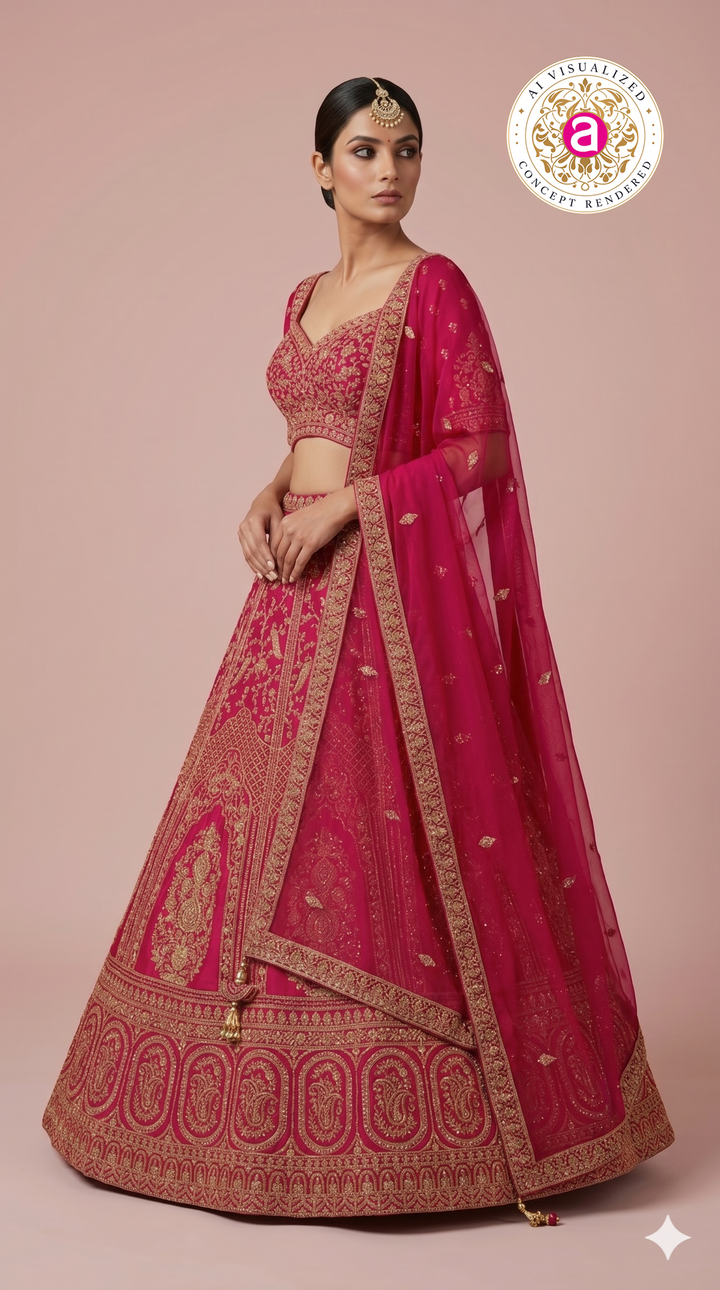 Rani Pink Bridal Lehenga Set with Royal Zari Embroidery & Designer Dupatta