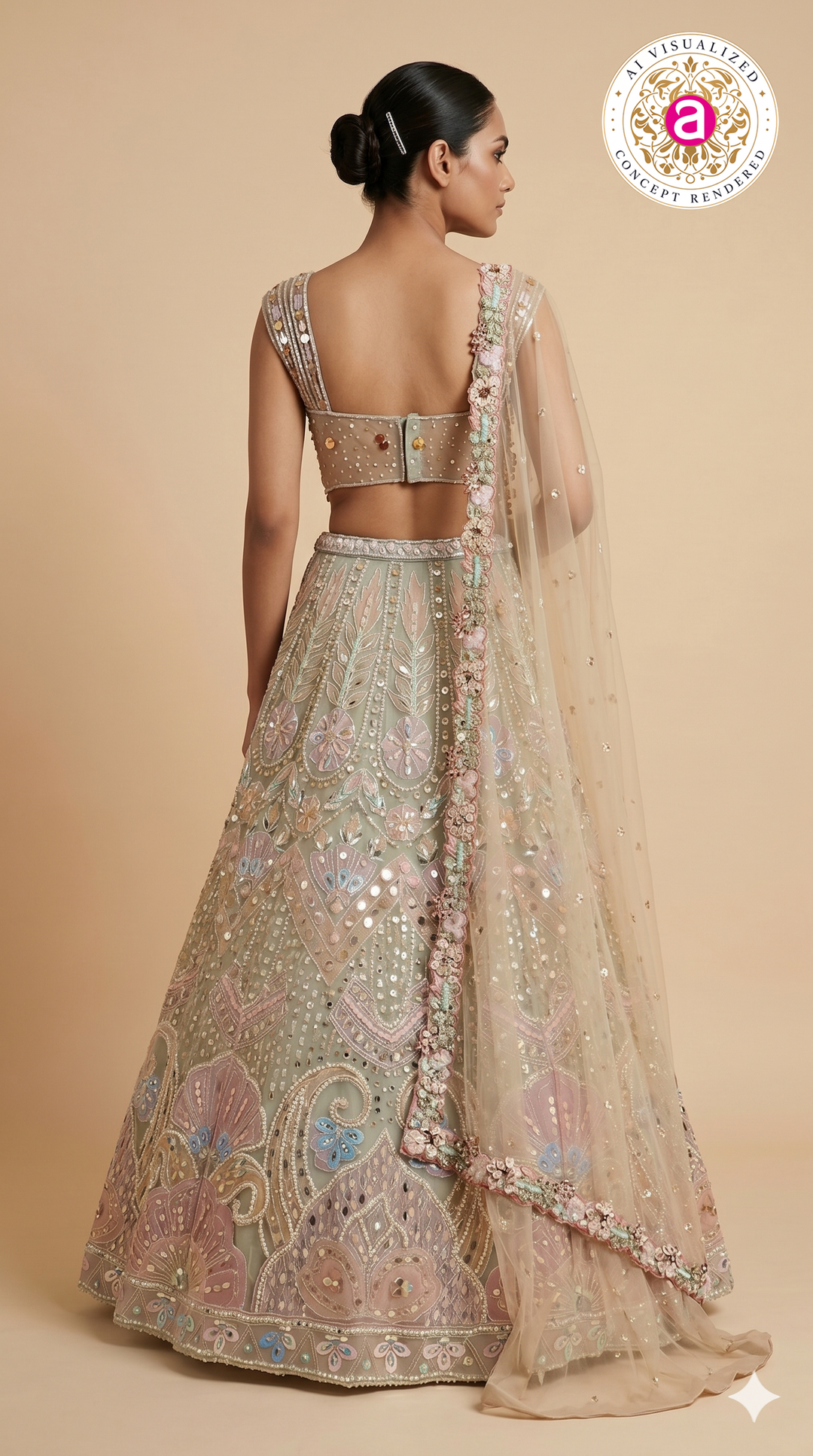 Pastel Sage Designer Lehenga Set with Mirror Embroidery & Floral Embellished Dupatta