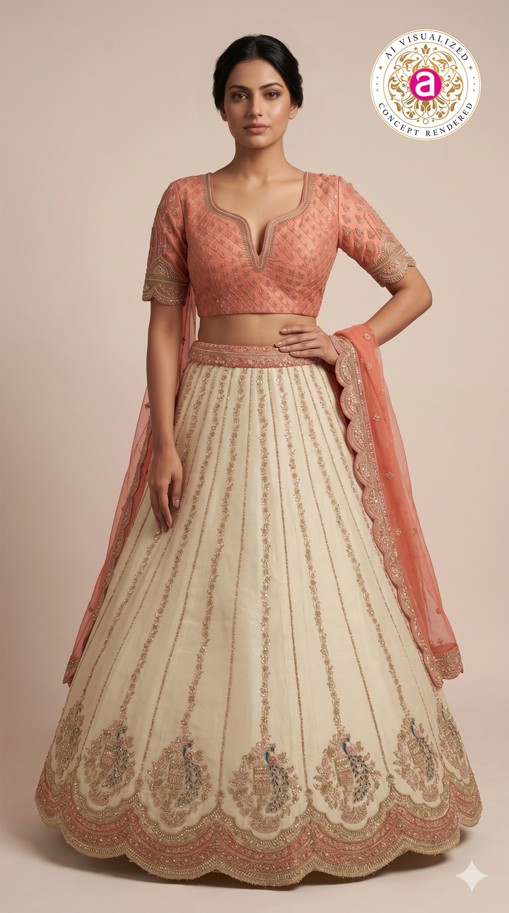 Ivory White & Blush Peach Designer Embroidered Lehenga Set with Organza Dupatta