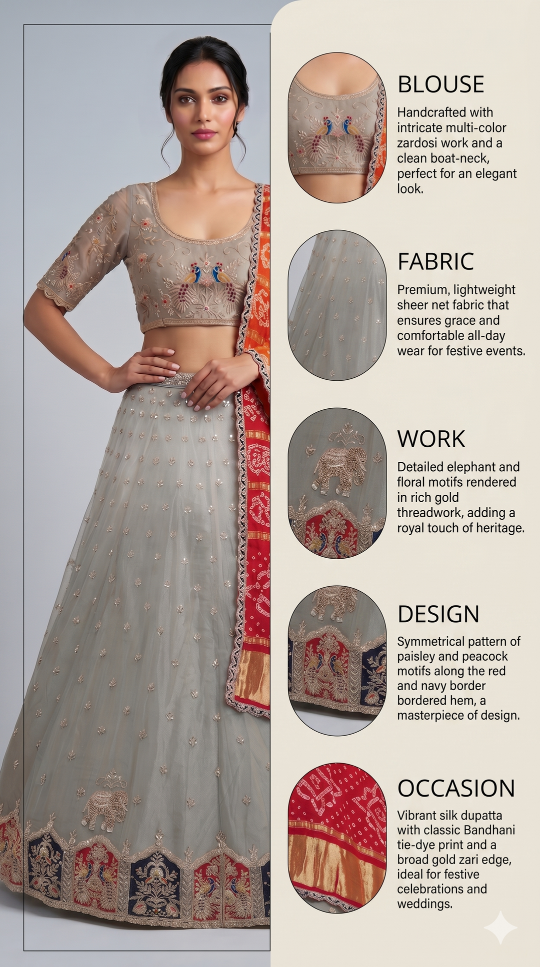 Ivory Grey Designer Lehenga Set with Peacock Embroidery & Bandhani Dupatta