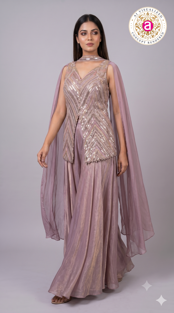 Dusty Mauve Sequined Cape Style Palazzo Set