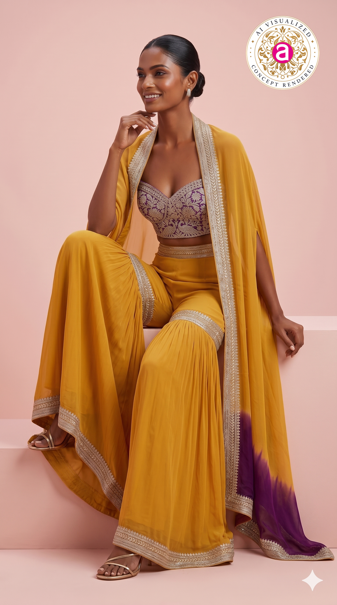 Mustard Yellow Indo-Western Sharara Set with Embroidered Cape Dupatta