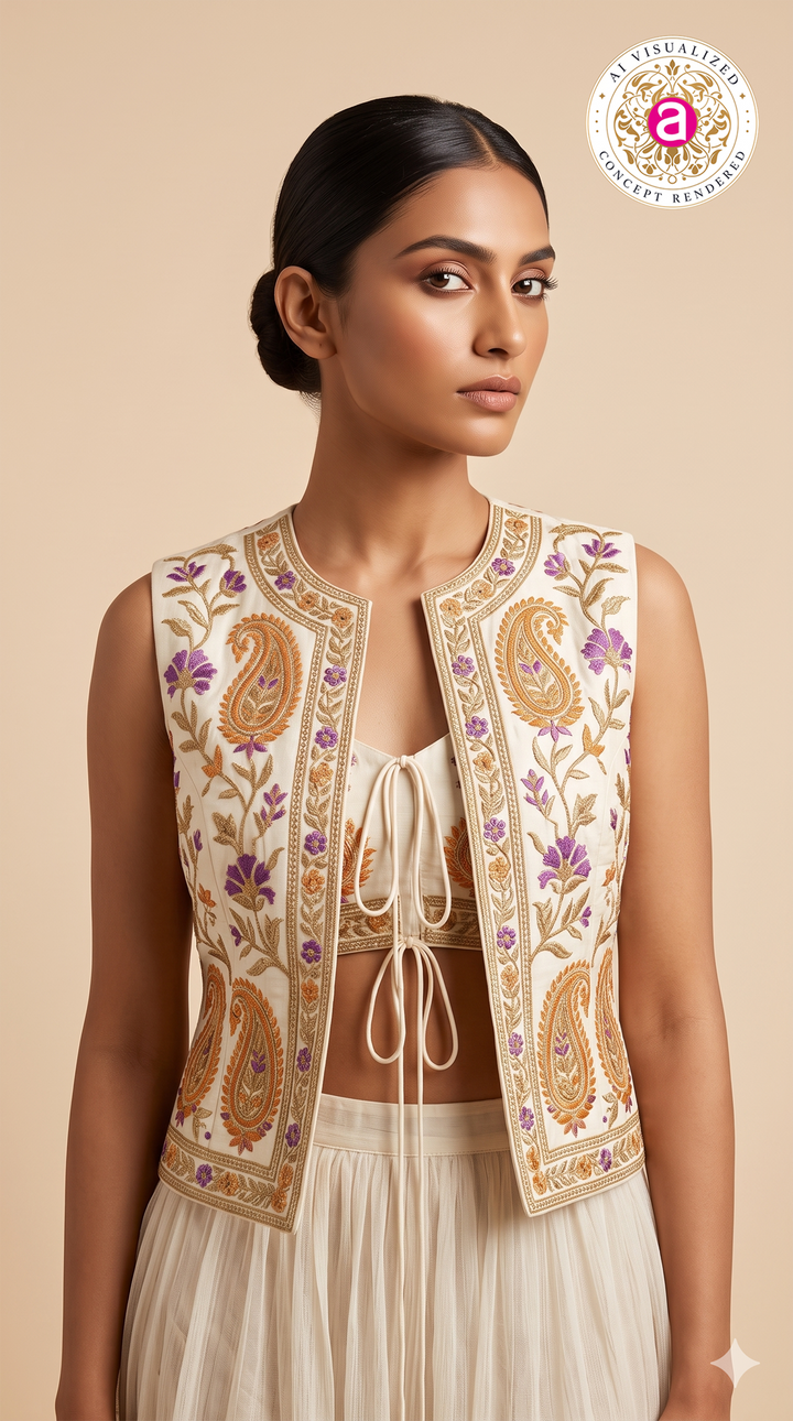 Champagne Embroidered Jacket Style Sharara Set with Crop Top