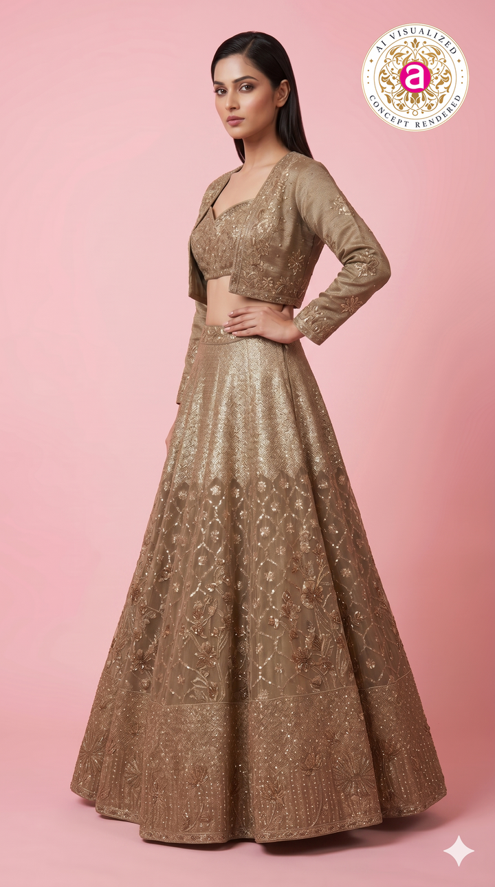 Champagne Gold Embroidered Lehenga Set with Designer Jacket