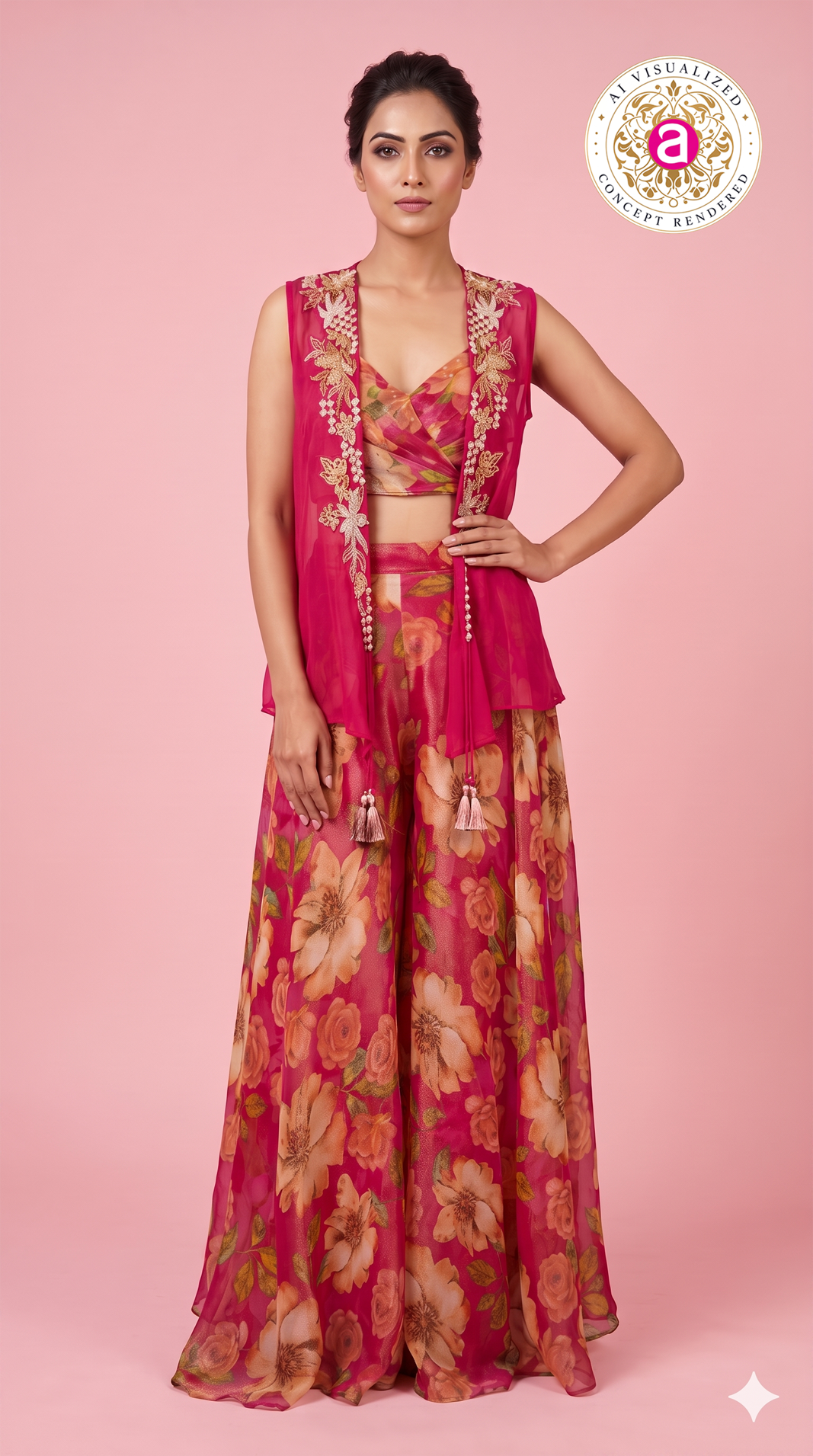 Fuchsia Floral Printed Palazzo Set with Embroidered Cape
