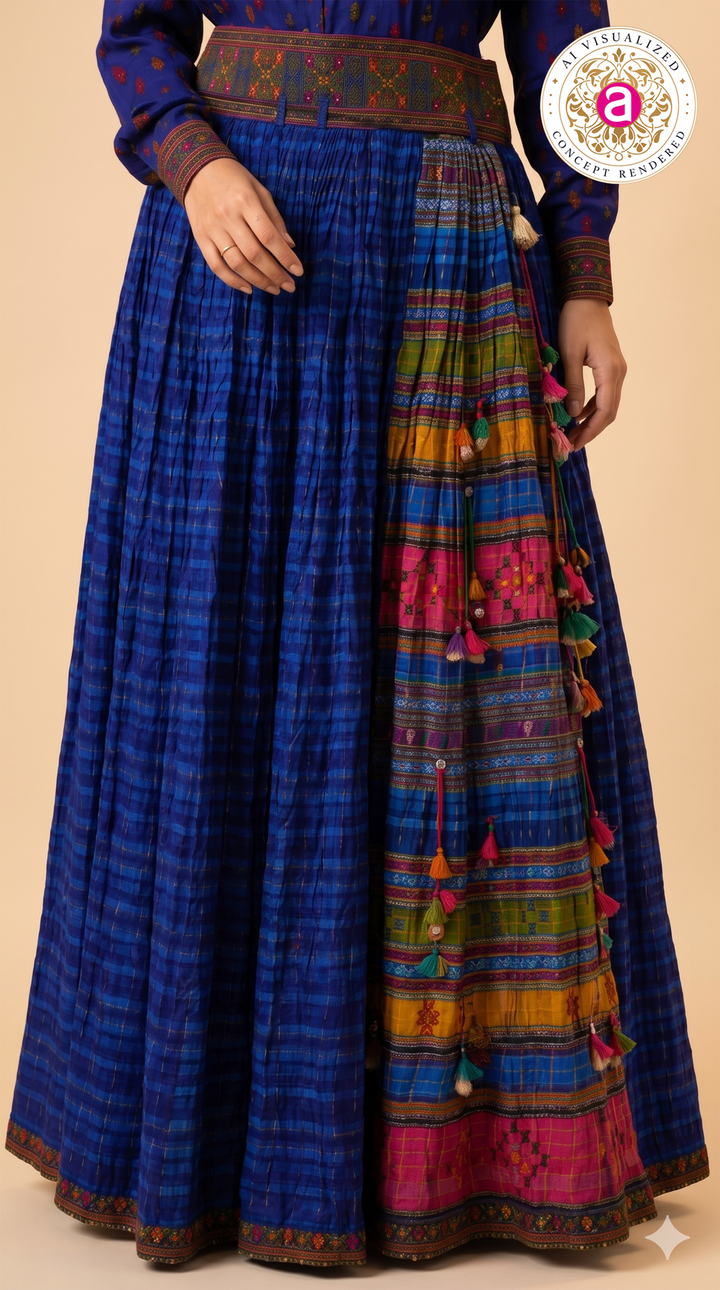 Royal Blue Printed Designer Shirt & Flared Skirt Set