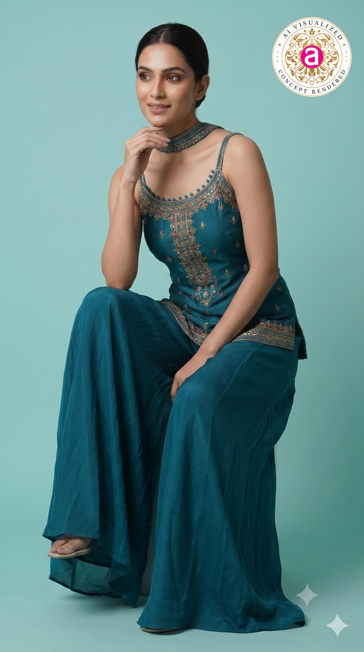 Teal Blue Embroidered Designer Palazzo Set