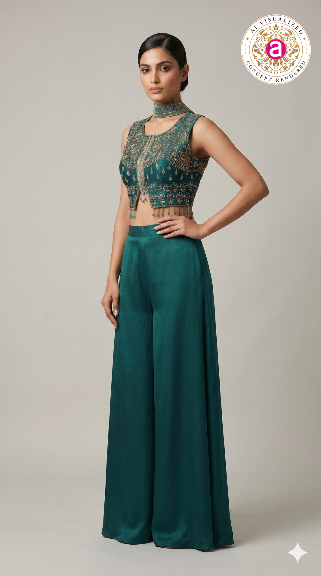 Teal Green Embroidered Indo-Western Co-Ord Set with Palazzo Pants