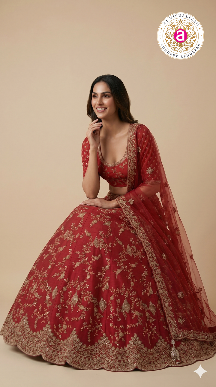 Ruby Red Designer Bridal Lehenga Set with Heavy Zari Embroidery & Net Dupatta