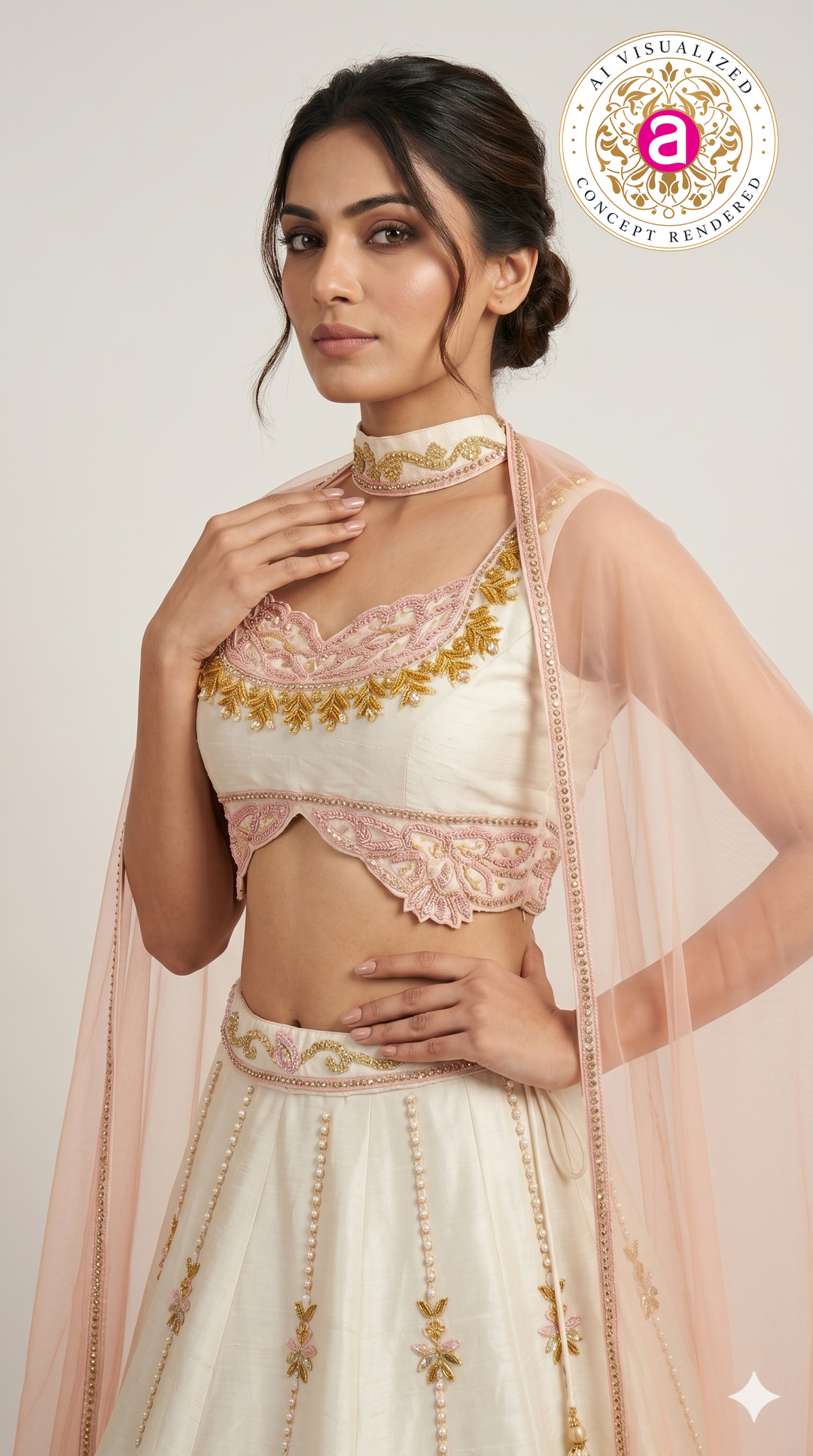Ivory Blush Pink Embroidered Designer Lehenga Choli with Net Dupatta