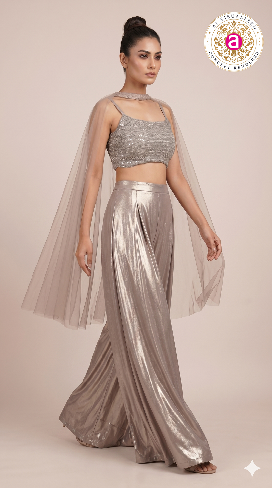 Champagne Beige Embellished Co-Ord Set with Cape Sleeves