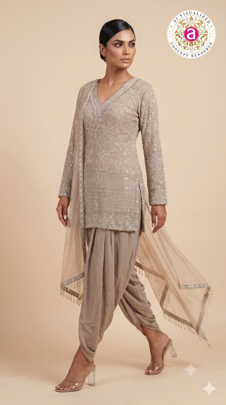Taupe Beige Heavily Embroidered Patiala Suit Set