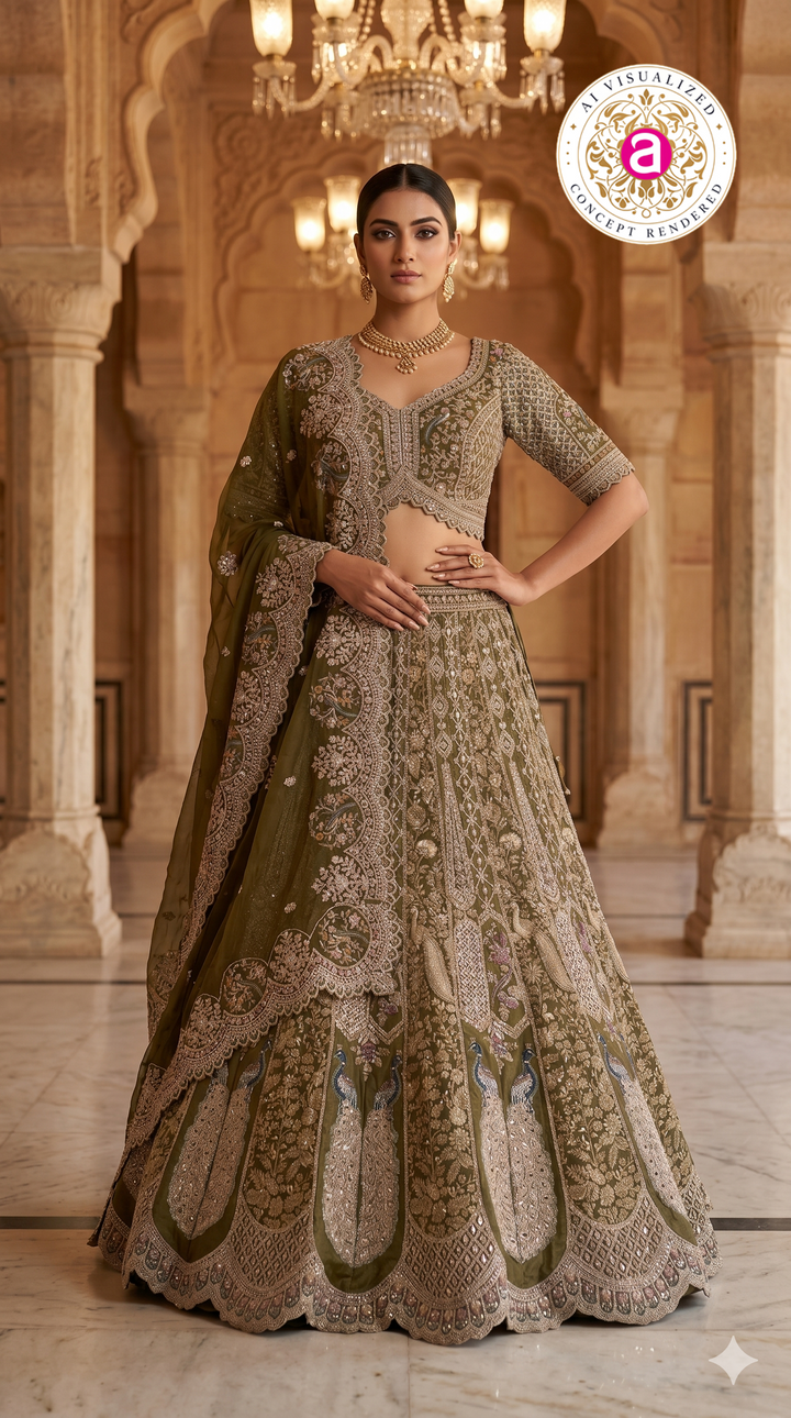 Olive Green Designer Bridal Lehenga Set with Heavy Embroidery & Elegant Dupatta