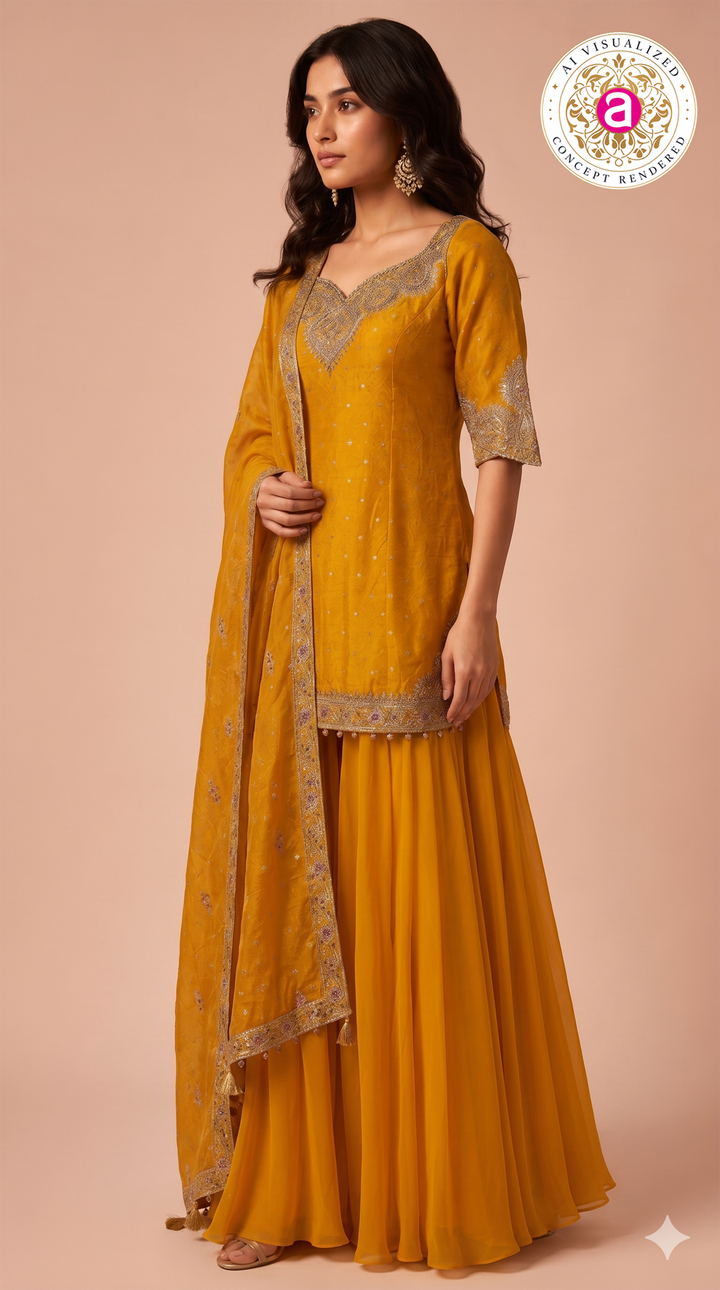 Mustard Yellow Embroidered Sharara Set with Dupatta