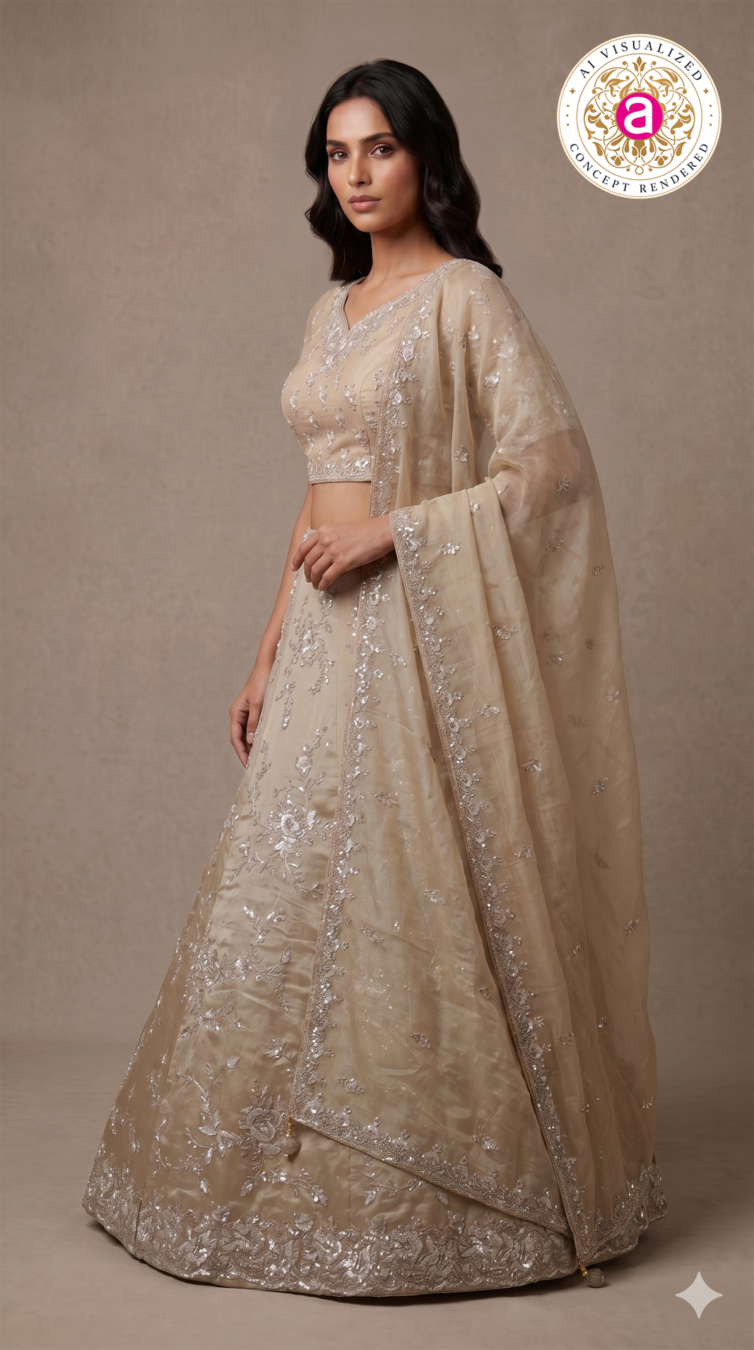 Champagne Beige Designer Embroidered Lehenga Set with Organza Dupatta