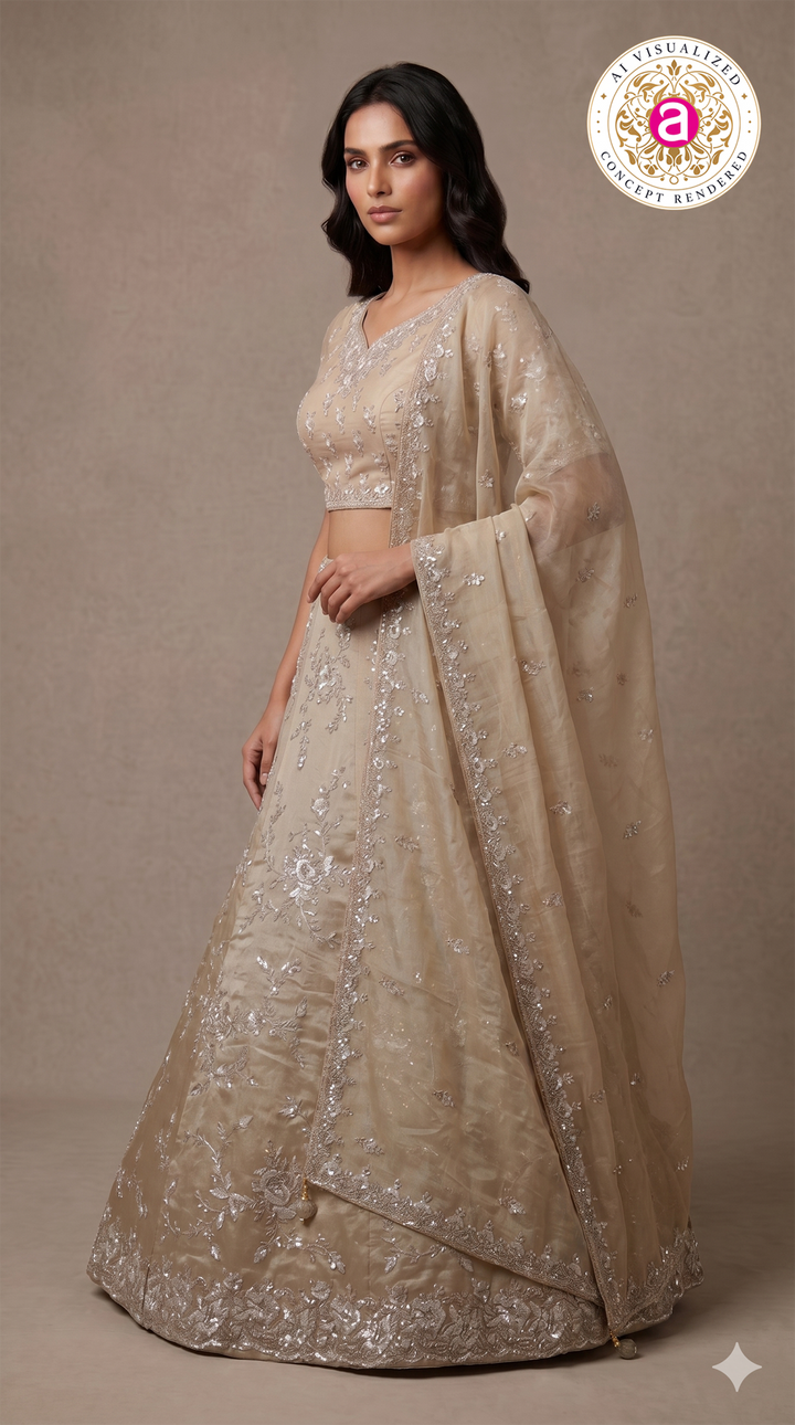 Champagne Beige Designer Embroidered Lehenga Set with Organza Dupatta