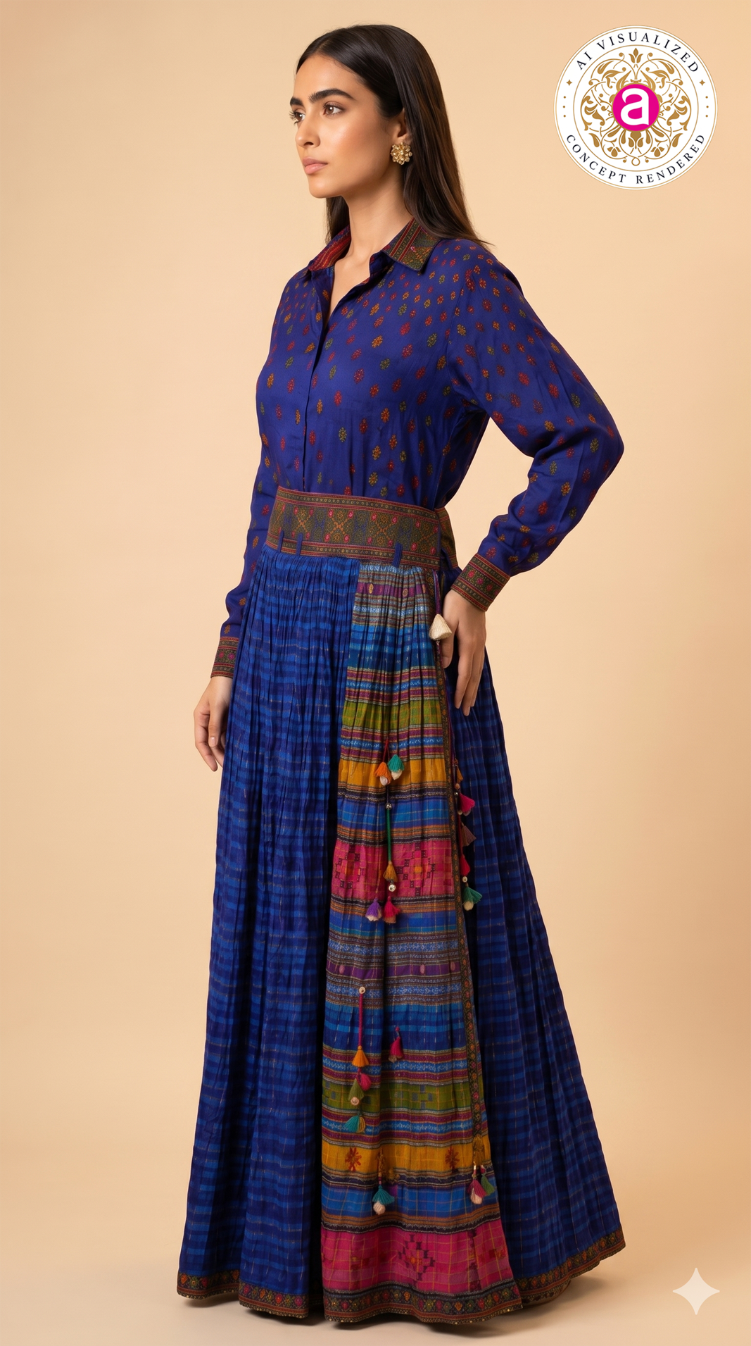 Royal Blue Printed Designer Shirt & Flared Skirt Set