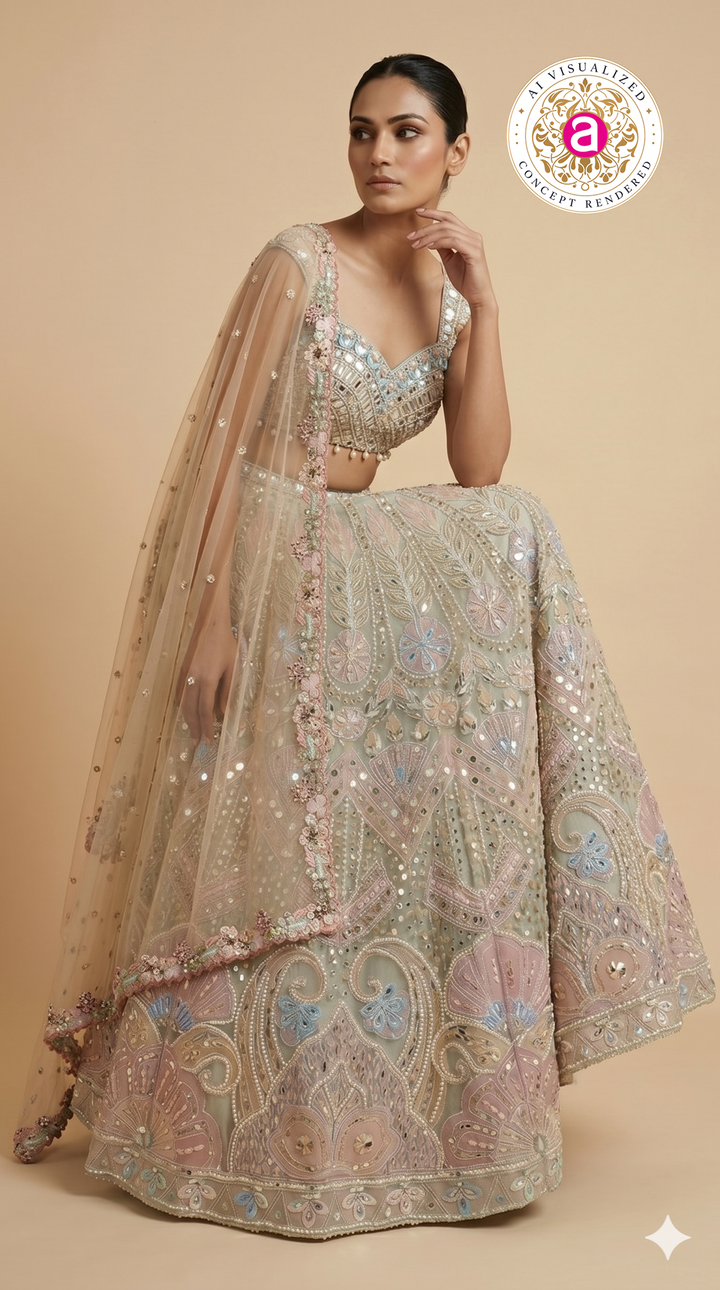 Pastel Sage Designer Lehenga Set with Mirror Embroidery & Floral Embellished Dupatta