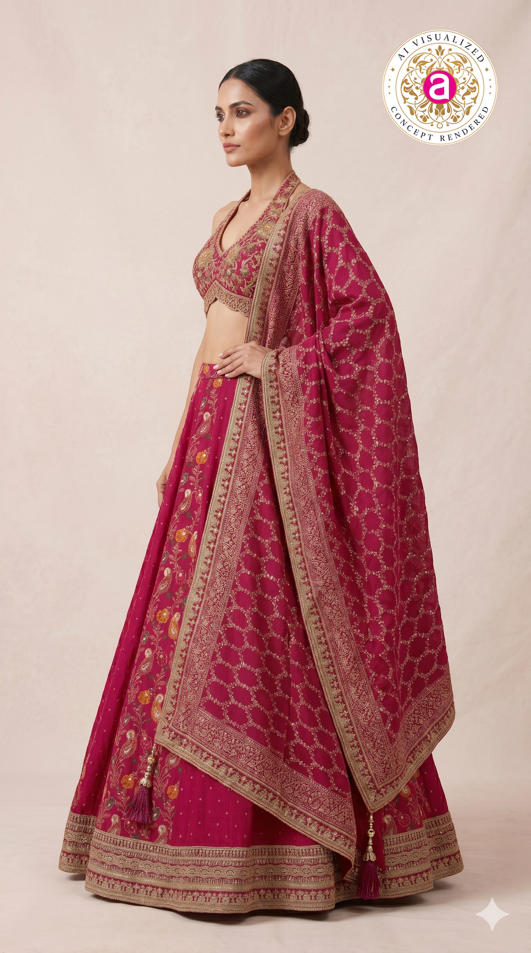 Rani Pink Embroidered Lehenga Set with Halter Neck Designer Blouse & Dupatta