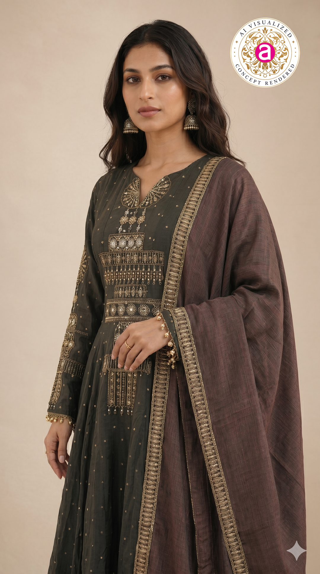 Charcoal Black Embellished Anarkali Set with Contrast Dupatta