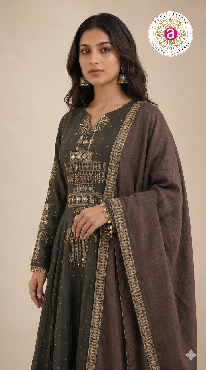 Charcoal Black Embellished Anarkali Set with Contrast Dupatta