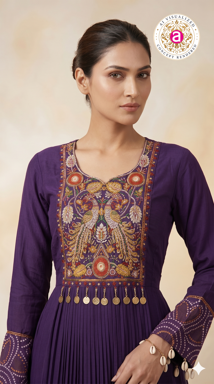Royal Purple Embroidered Pleated Anarkali Gown