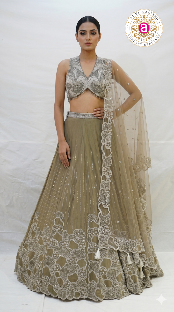 Olive Beige Embroidered Lehenga Choli with Statement Blouse & Net Dupatta