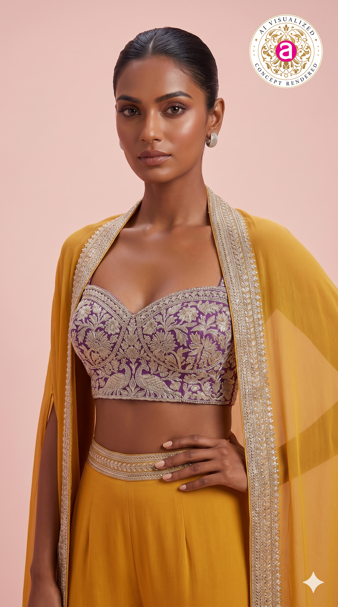 Mustard Yellow Indo-Western Sharara Set with Embroidered Cape Dupatta