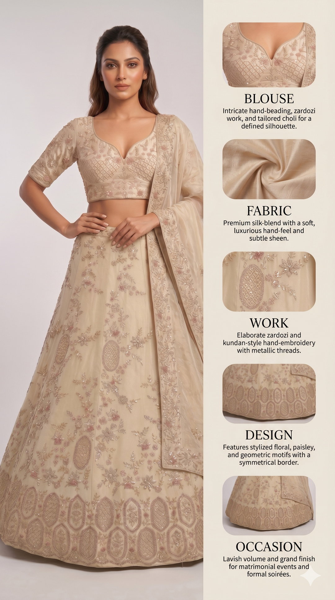 Champagne Beige Designer Embroidered Lehenga Set with Organza Dupatta