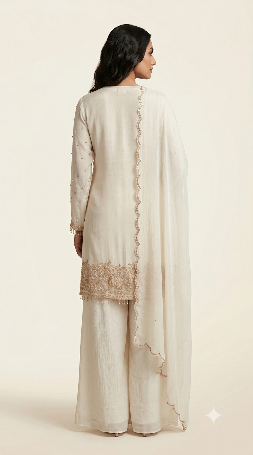 Elegant Ivory Embroidered Kurta Palazzo Set with DupattaElegant Ivory Embroidered Kurta Palazzo Set with Dupatta