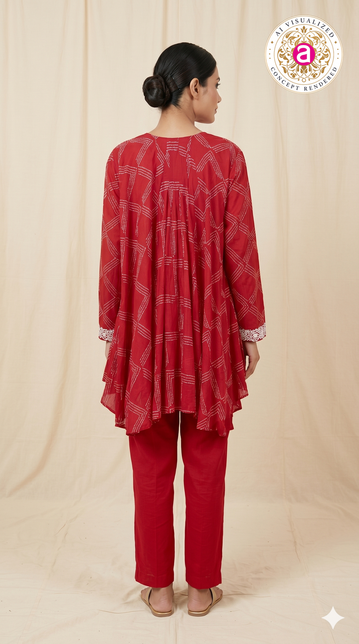 Red Embroidered Co-Ord Set with Asymmetrical Tunic