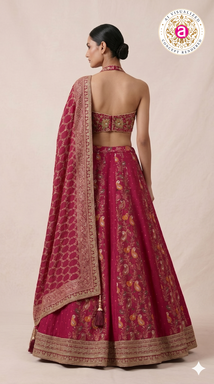 Rani Pink Embroidered Lehenga Set with Halter Neck Designer Blouse & Dupatta