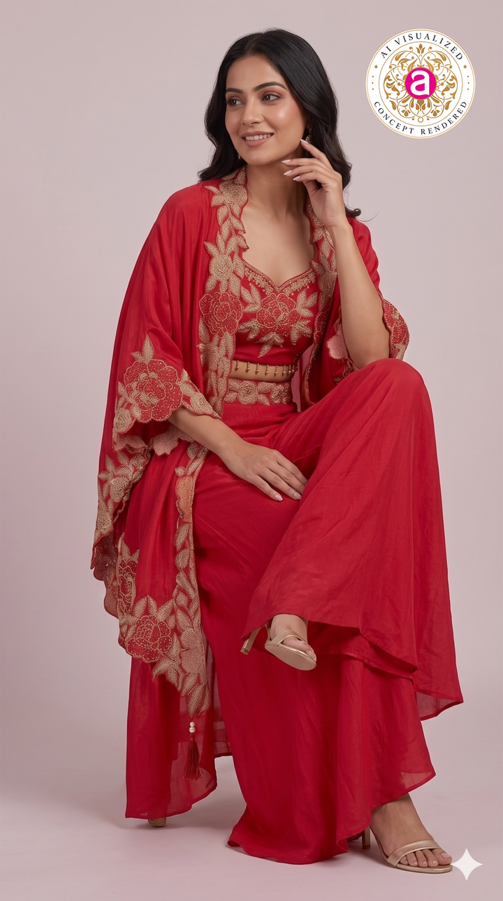 Crimson Red Palazzo Set with Embroidered Cape