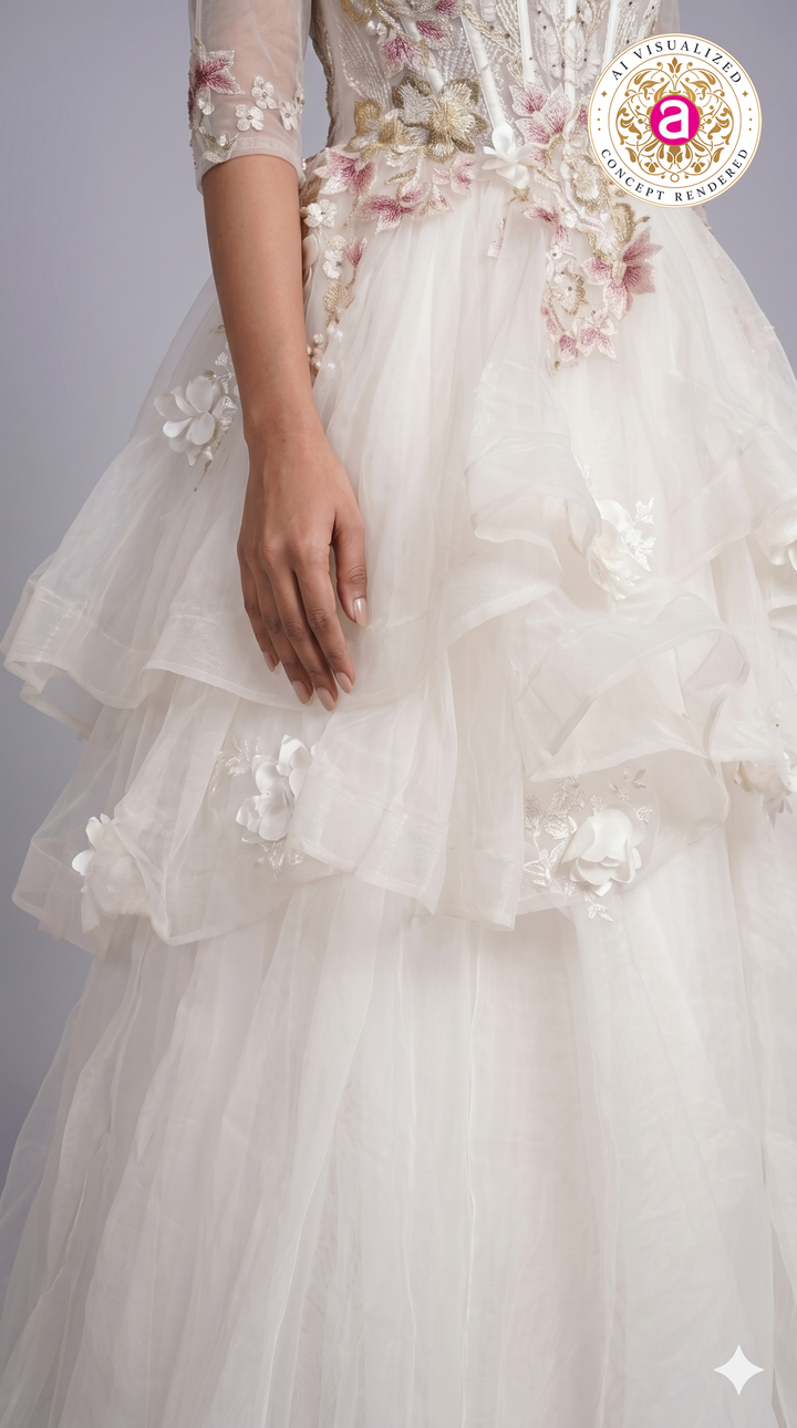 Ivory Floral Appliqué Layered Couture Ball Gown